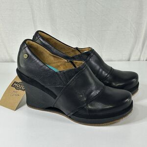 NWT MOZO Divine Black Leather Wedges Women's Shoes Sz 10.5 Black Slip Resistant